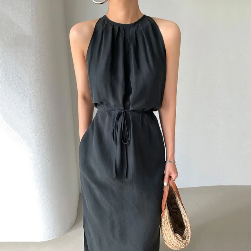 

Summer Solid Color Halter Sleeveless Women Fashion Elegant Casual A Line Office Lady Birthday Clothes Girl Ins Vestidos Dresses