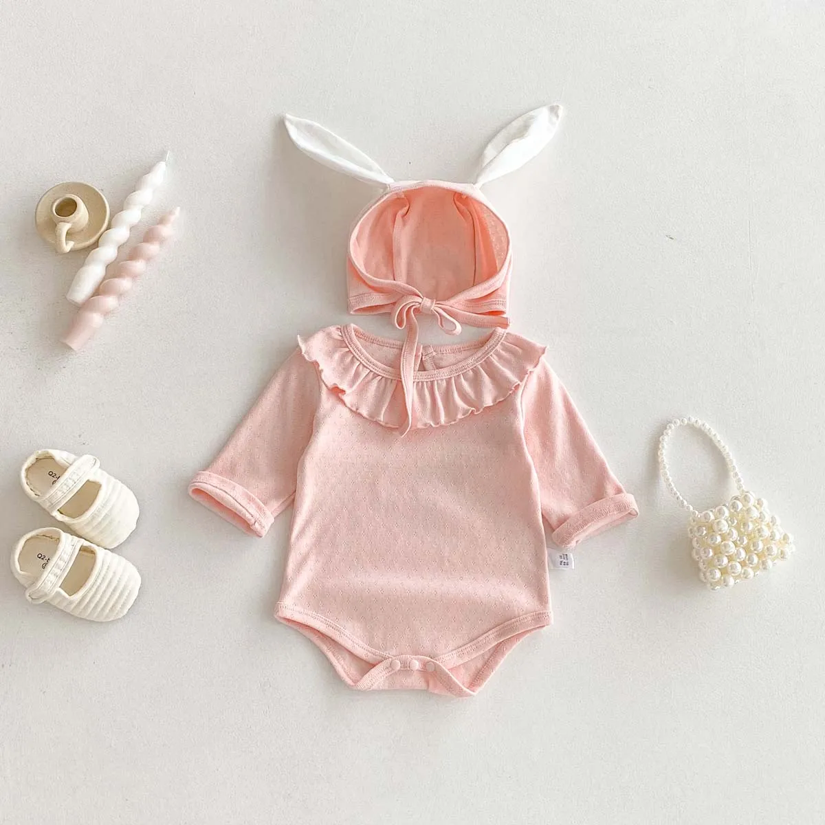 

Осенний комбинезон с милым кукольным воротником и длинными рукавами для маленьких девочек, осенний удобный однотонный комбинезон с заячьими ушками, очень с