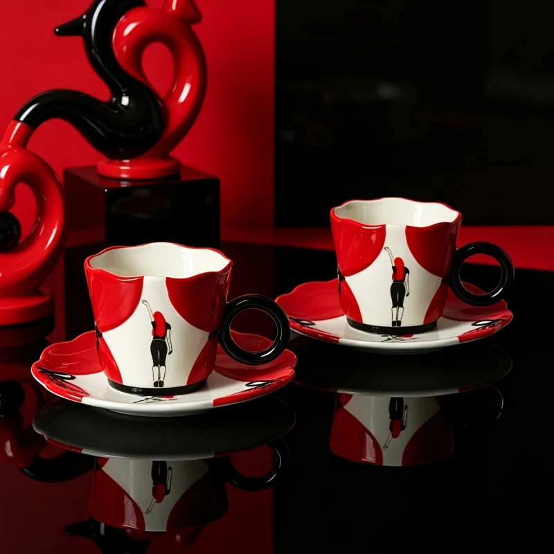 1 Pcs Fashionable Bone China Coffee Glass And Saucer Set Creative Curtain Stage Red Black Back Shadow Girl Cappuccino Coffee Mug