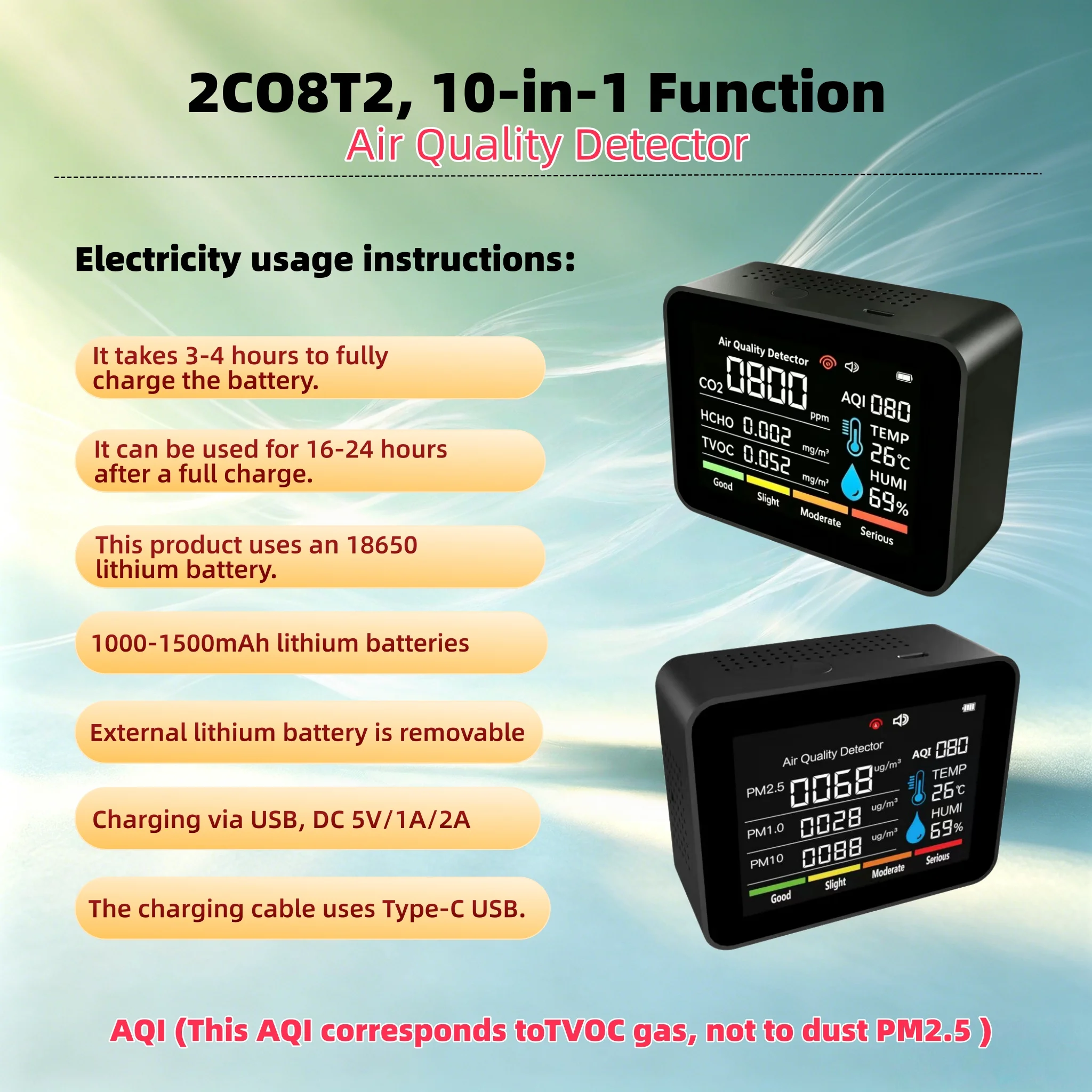 10 in 1 Functional Air Quality Detector, Smoke Alarm, CO2、PM2.5、AIQ、 Formaldehyde TVOC、 Temperature and Humidity