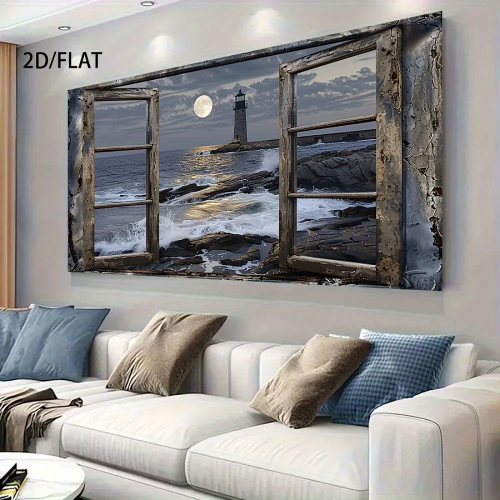 1pc frameless Canvas Painting 2d Plat,Modern Coastal Lighthouse Sea View Canvas Painting,Ocean Wall and Pane Design,Frameless Po