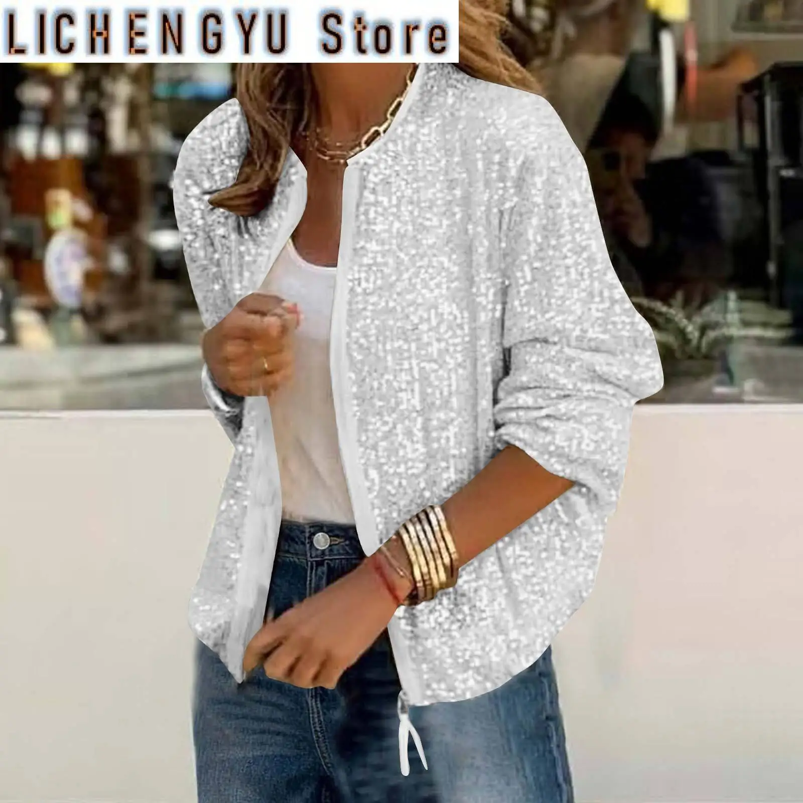 

Куртки для женщин, модные женские куртки больших размеров, осень-весна, повседневное пальто с блестками и длинными рукавами, короткие Nuevo En Chaquetas