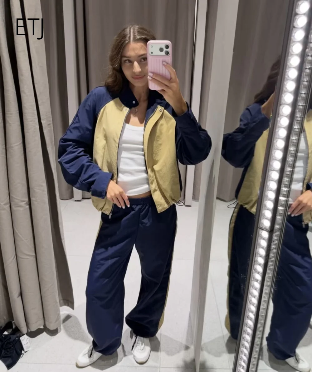 ETJ 2026 Women’s 2 Piece Set Windproof Water Resistant Tracksuit Color Block Raglan Sleeve Zip Jacket Wide Leg Pants Side Stripe