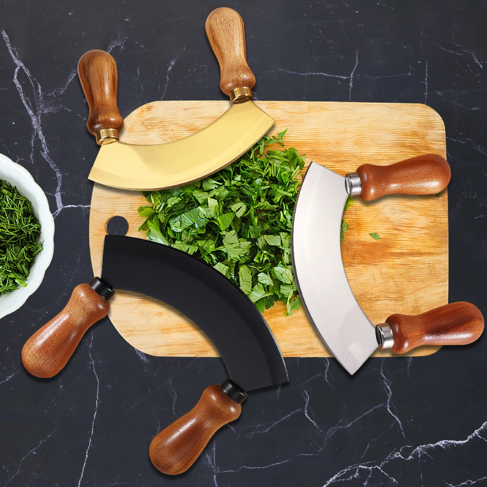 Jaswehome 5.5 Inch Stainless Steel Kitchen Herb chopper Wooden handle Pizza Cutter Fruit Vegetable Salad Chopper Mezzaluna Knife view 4