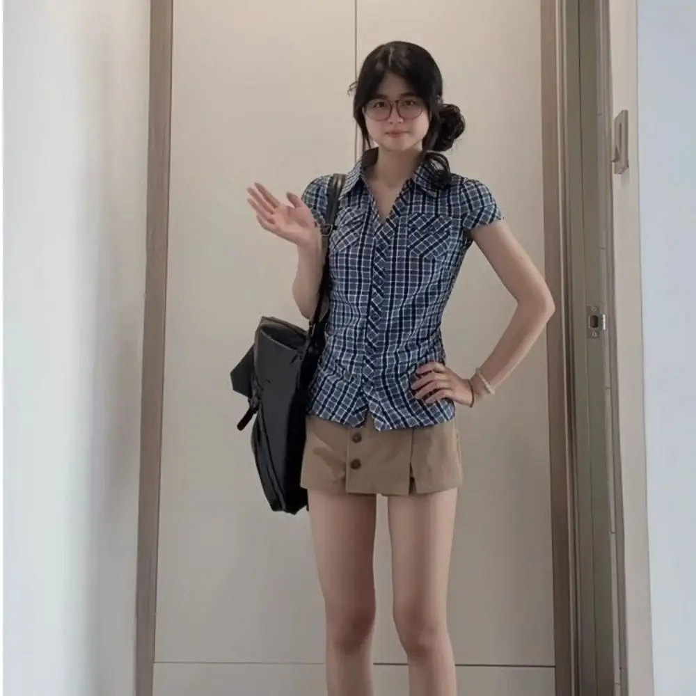 

Простая короткая синяя рубашка в клетку с рюшами в корейском стиле, женская синяя блузка в клетку, розовая уличная одежда, топы с длинными рукавами для путешествий