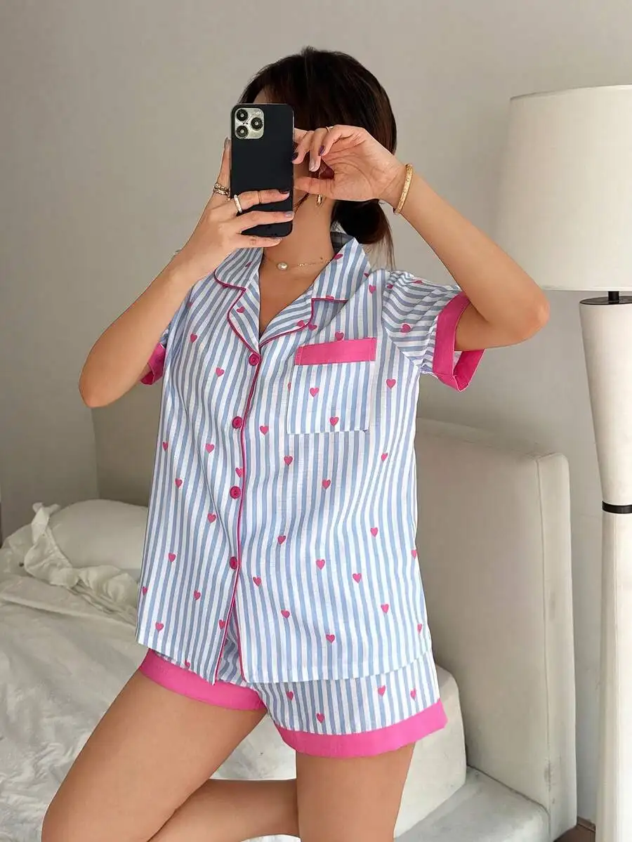 

Heart Print Striped Pajama Set With Pink Trim For Women