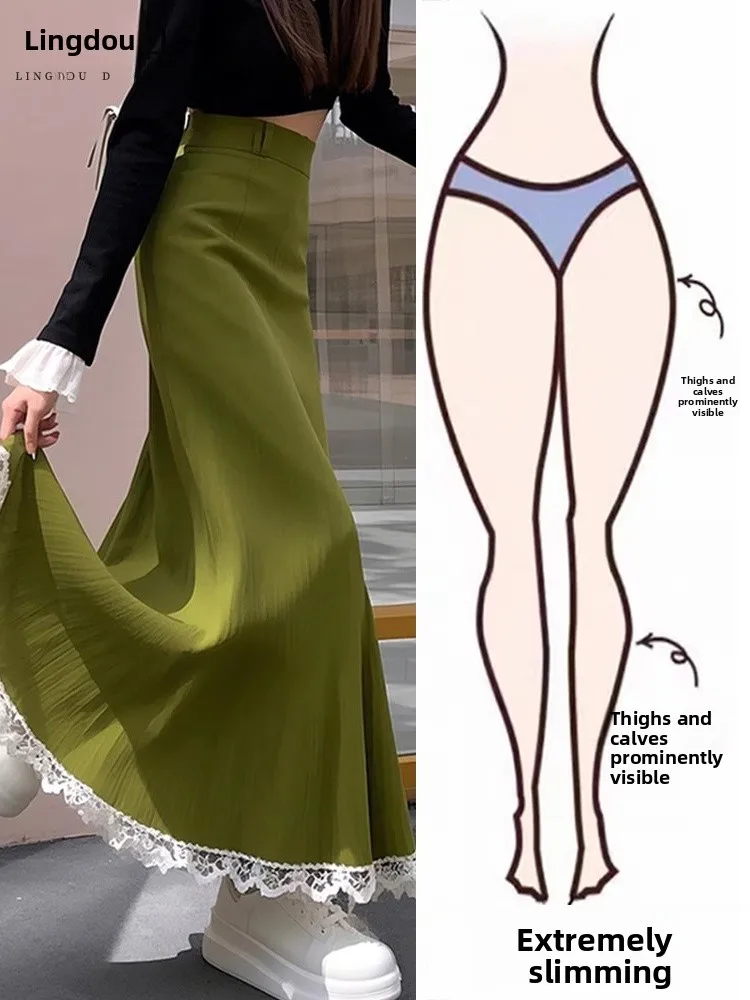 Summer High Waist Lace Splice Women's Midi Skirt Slimming Fi Tail Skirt Korean Sle A-Line Skirt Bodycon Skirt