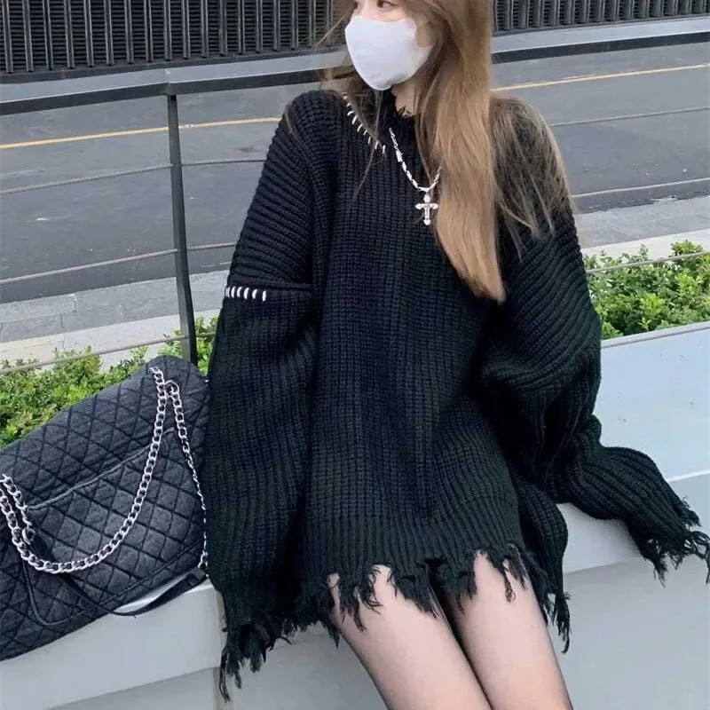 Black Loose Oversize Tassel Spliced Long Knitted Sweater Women Autumn Winter Patchwork Y2K Punk Gothic Sweater Knitwear Pullover