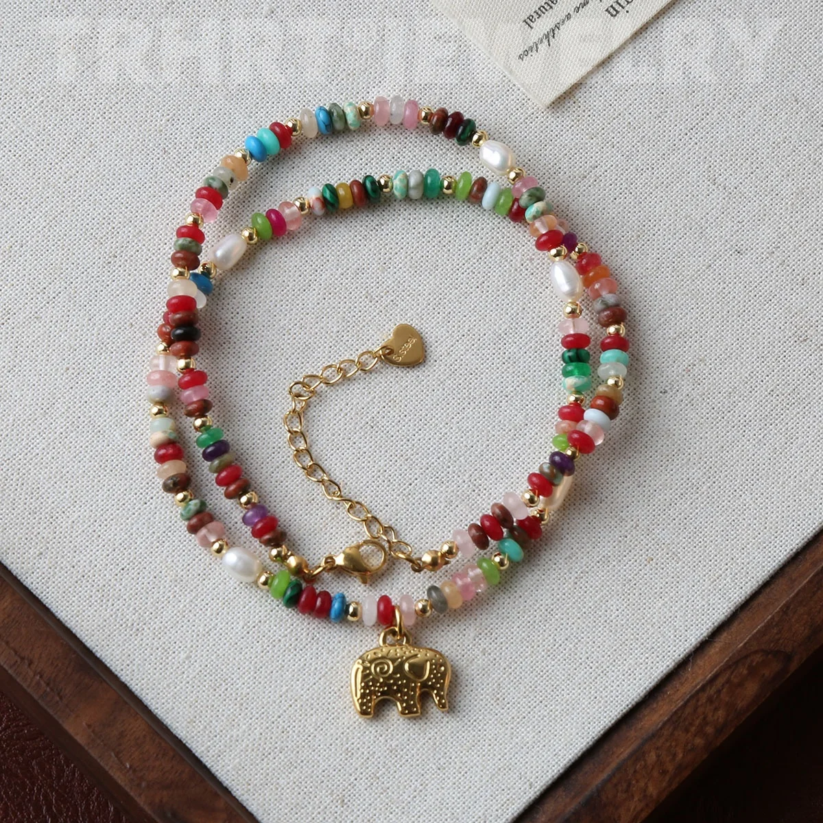 Bohemian Colorful Beaded necklace Stone Beads Rainbow Choker Customized Pearl Golden elephant