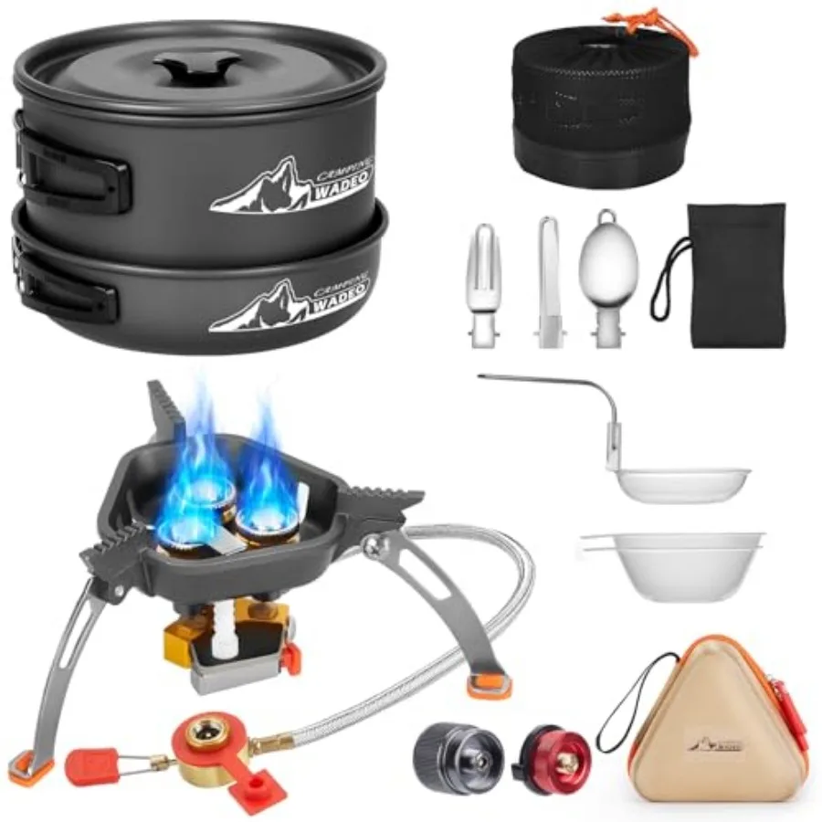 

Camping Cookware Mess Kit with 7200W Camping Stove, 14PCS Non-Stick Camping Pot Pan Set with Stainless Steel Fork Knive Spoon f