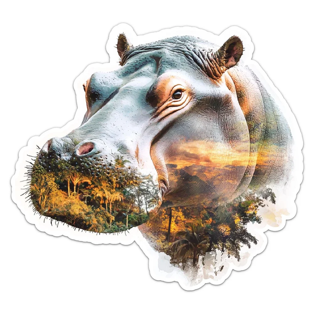 Double Exposure Hippo Wild Animal Vinyl Car Sticker Decorative Decal for Rear Window and Laptop Exterior Decoration