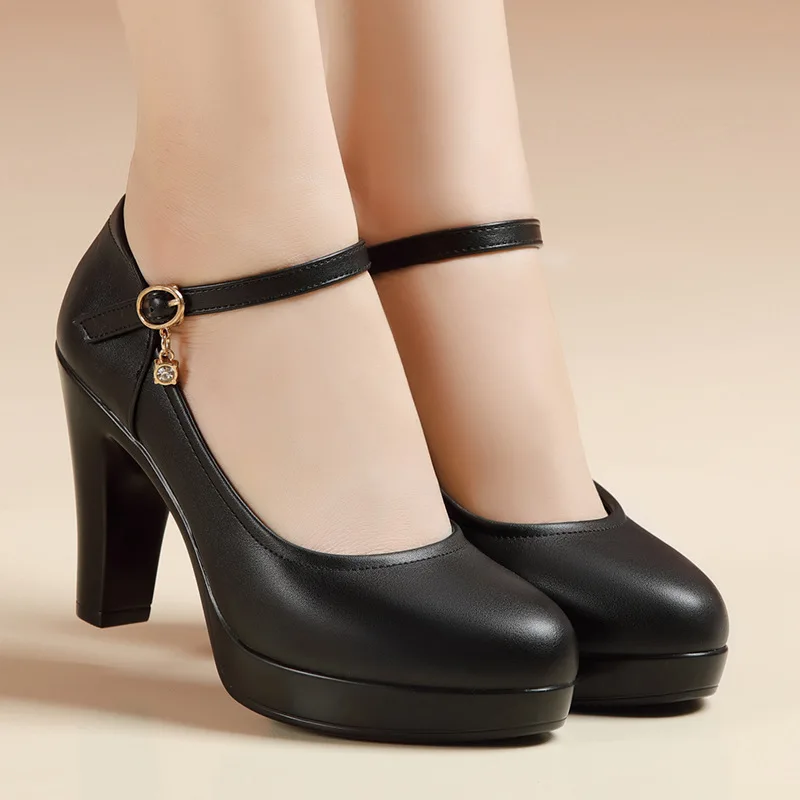 High Heels Platform Pumps 2024 Spring Autumn New Fashion Buckle Solid Black Shoes Woman PU Leather Temperament Elegant Model