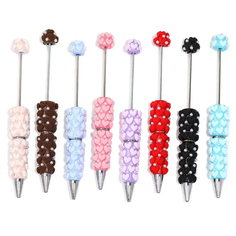 

Pearl DIY Clay Heart Bead Pen Full Diamond Smooth Writing Flocked Heart Beaded Pen Black Ink Handmade Beaded Ballpoint Pen