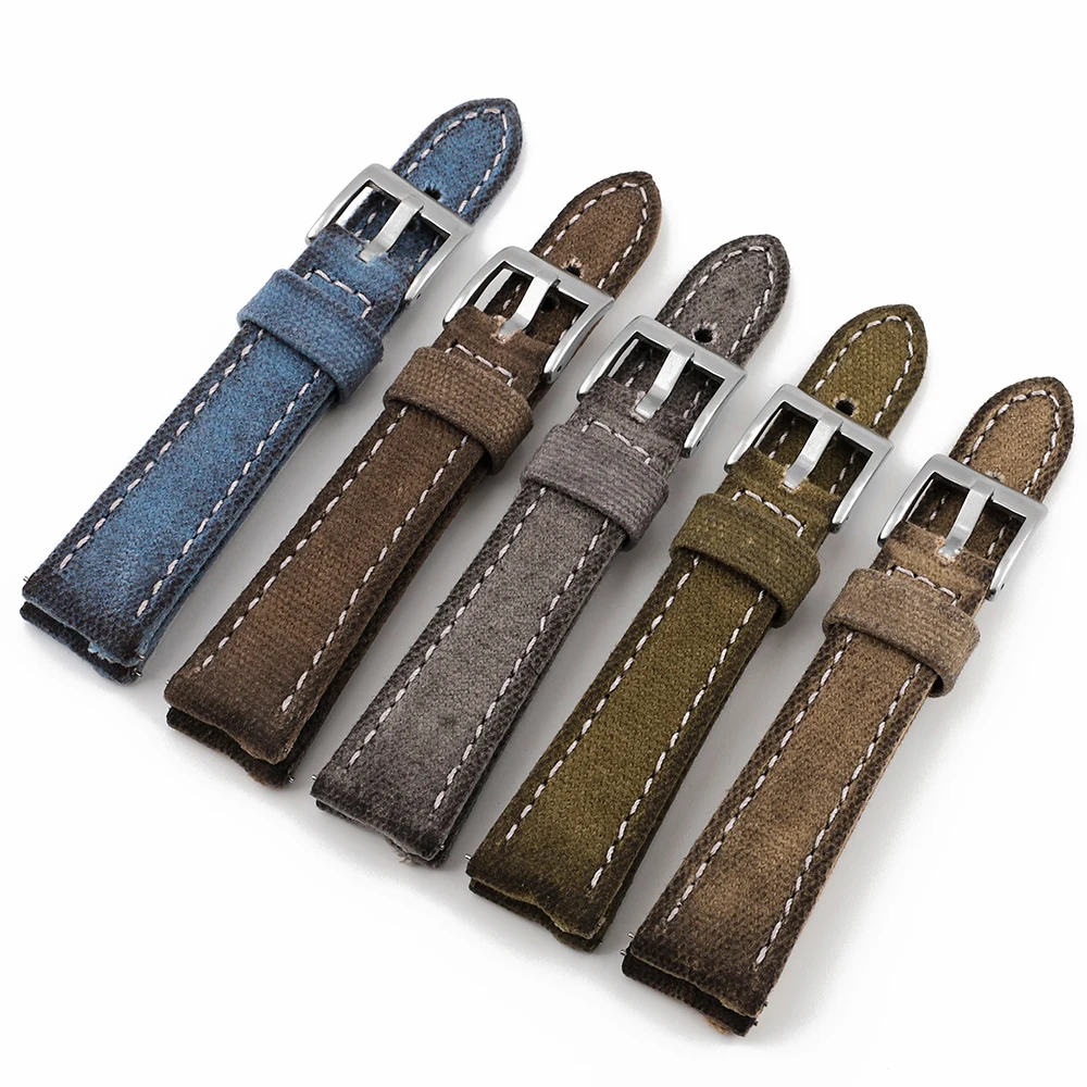 

New Wet Waxed Canvas Watch Strap Brown Gray Blue 18mm 19mm 20mm 21mm 22mm 24mm Watchband Handmade Stitching Quick Release Strap