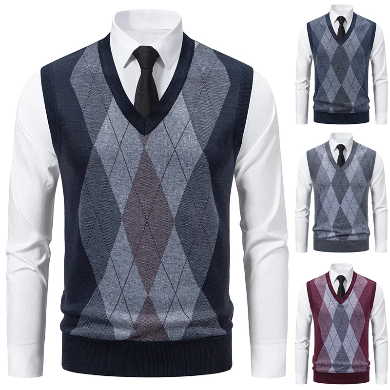 

New Men's V-neck Knitted Sweater Warm Autumn Winter Casual Fashion Diamond Grid Twisted Flower Design Versatile Knit Top