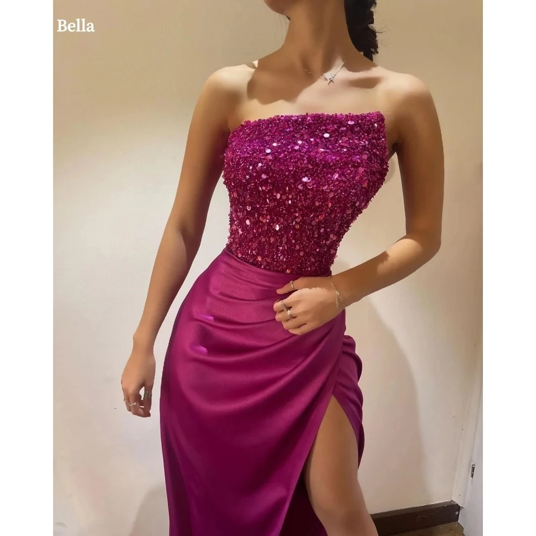 섹시한 로즈 레드 스팽글 프롬 드레스 2026 스트랩리스 레이스업 실트 롱 이브닝 생일 파티 정장 드레스 베스티도스 데 달라