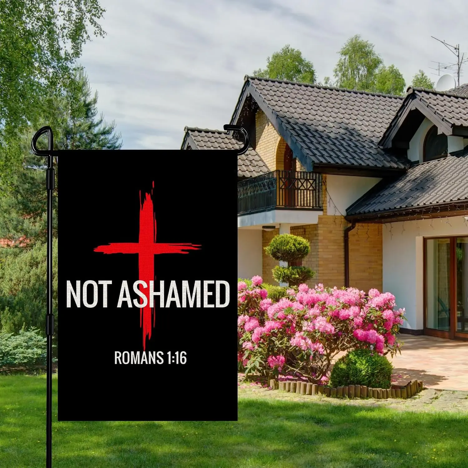 Not Ashamed Romans 1:16 Garden Flag 12x18 Inch Double Sided Burlap Christian Cross Bible Verse Flag for Religious Christian  xxl