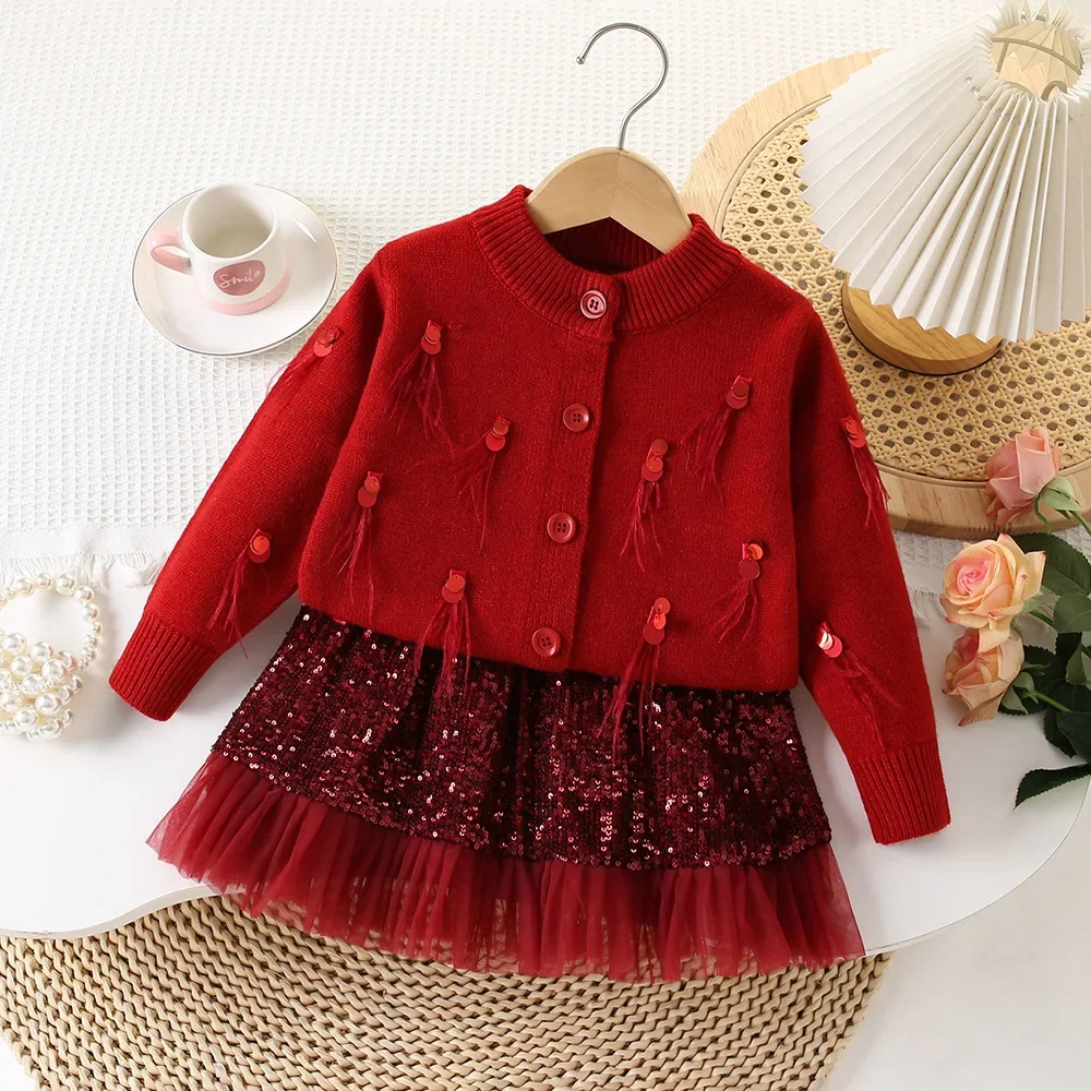 2-7 Y Girls Sweater Suits Feather Knit Cardigans Coat Trendy Sequins Skirts 2Pcs Children\'s New Years\' Clothes Kid\'s Outfit