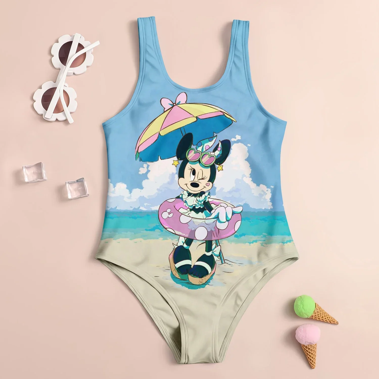 MINISO Disney Mickey Mouse Girl Swimsuit Children's Swimsuit 3D Cartoon Print Cute Sand Swimsuit Fashion Children's Clothing