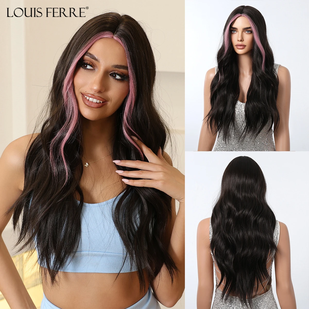 LOUIS FERRE Middle Part Wavy Synthetic Wigs for Women Long Black Brown Mixed Pink Highlights Hair Daily Use Heat Resistant Wig