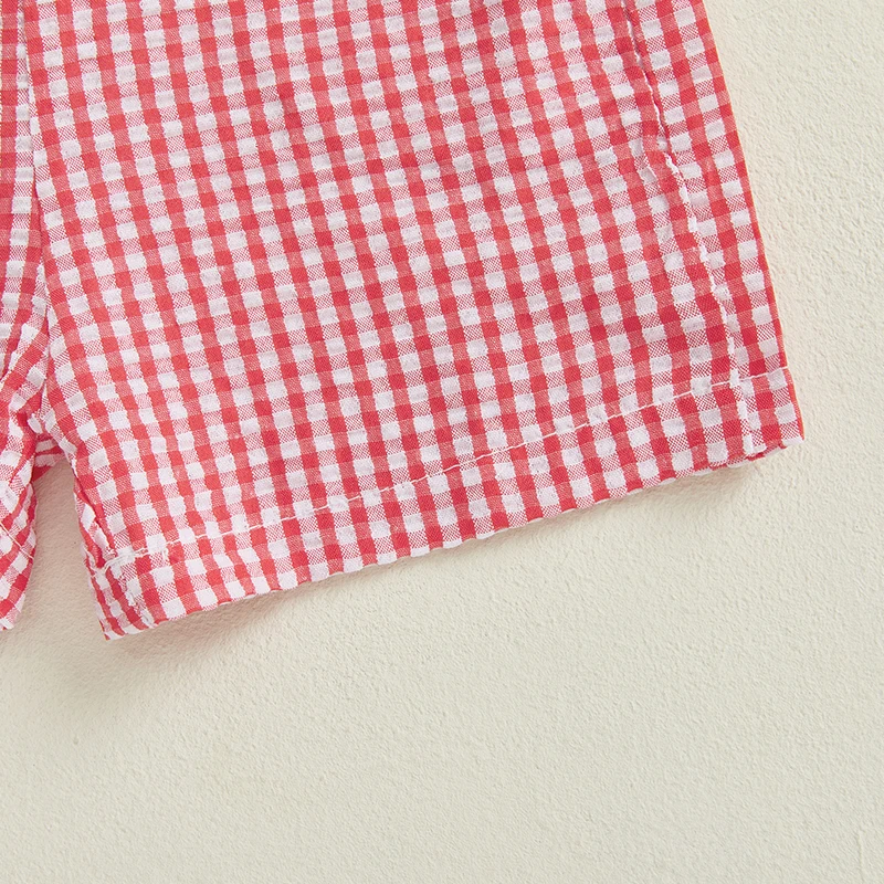 Летняя одежда для маленьких мальчиков, футболки с вышивкой краба и круглым вырезом, клетчатые шорты с эластичной резинкой на талии, комплект одежды из 2 предметов