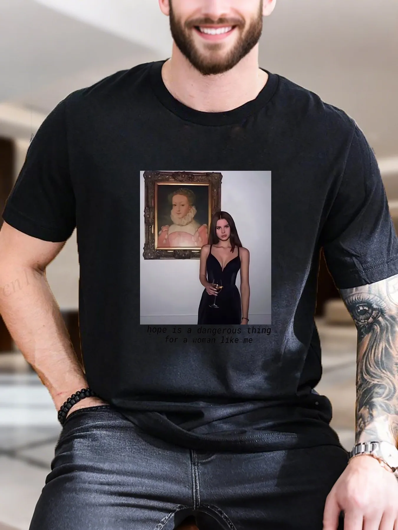 

New Arrival Fashion Men's Printed Short Sleeve T-Shirt 100% Cotton Comfortable Casual Tee with Stylish Woman Wine Glass Design B