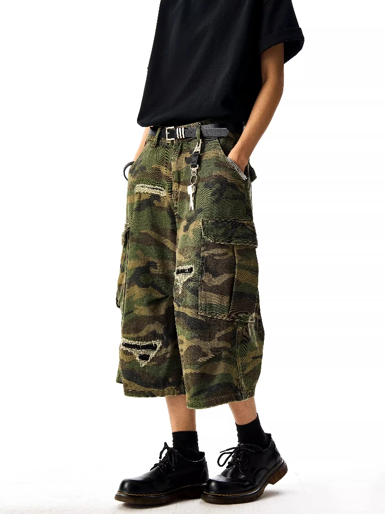 Retro americano Waed camuflaje siete pies hombres destruidos sueltos pierna ancha orts ropa Casual tendencia juvenil Jeans ropa de trabajo