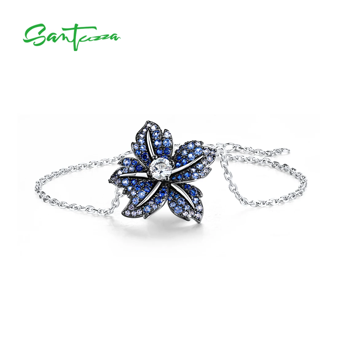 

SANTUZZA 925 Sterling Silver Adjustable Bracelet For Women Delicate Blue Lily Flower Delicate Wedding Chic Fine Jewelry Enamel