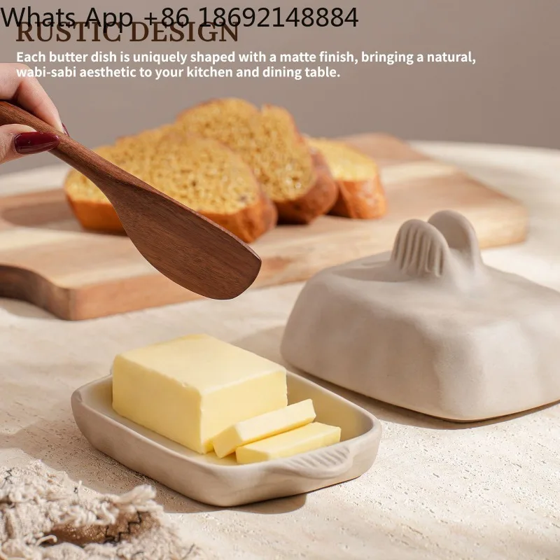 Kitchen special butter box coarse pottery creative hand-squeezed texture rectangular ceramic butter dish with lid