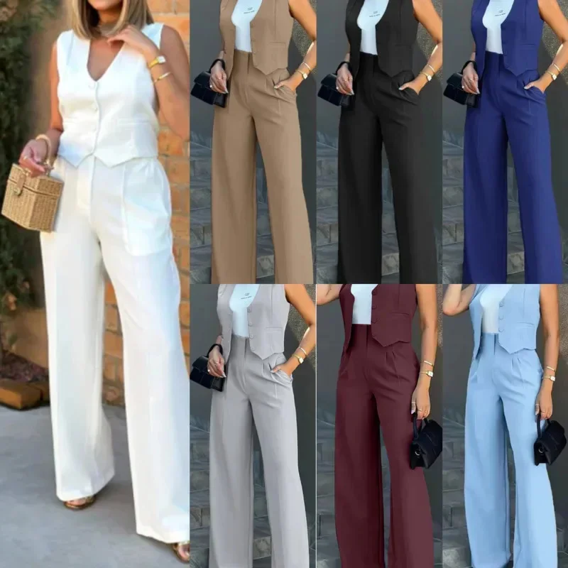 Stylish Women\'s Commuting Wide-Leg Pants V-Neck Sleeveless Vest Top Casual Blazer Vest Two-Piece Set Solid Color Elegant Suit