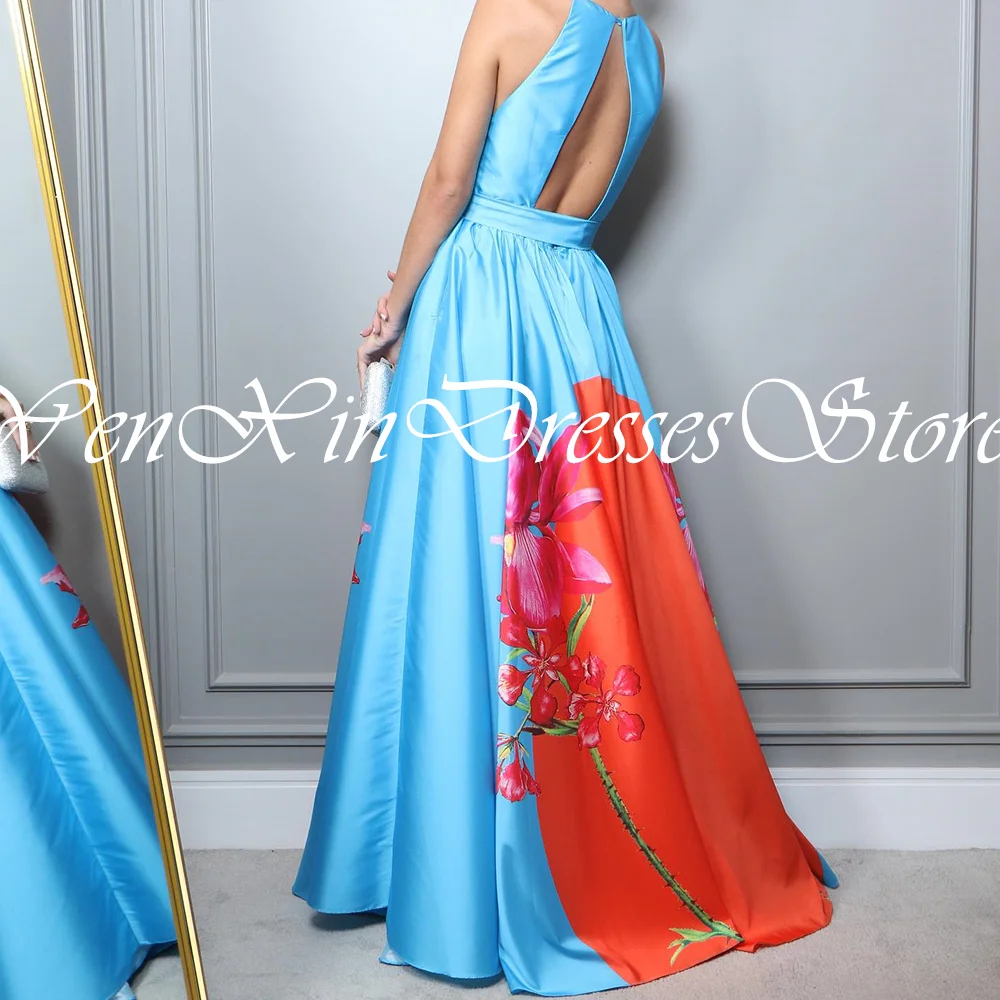 Prom Gowns Contrast Color Sleeveless Satin Appliques Flowers Backless Sweep Train A-Line Ladies Gowns For Special Occasion