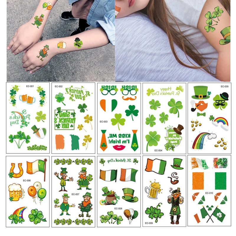 St Patrick' s Day Shamrock Leaf Skin Tattoo Sticker Temporary & Waterproof Irish St Patricks Day Party False Tattoo Clover Coin