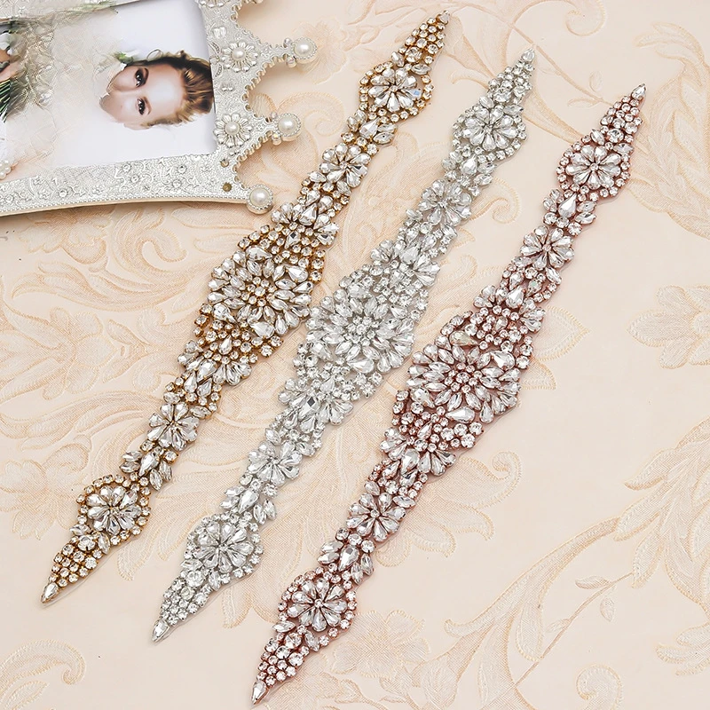 

Hand-Sewn Alloy Rhinestone Patches for Bridal Dress, Hot Melt Adhesive Crystal Embellished Garment Accessories Waist Decor