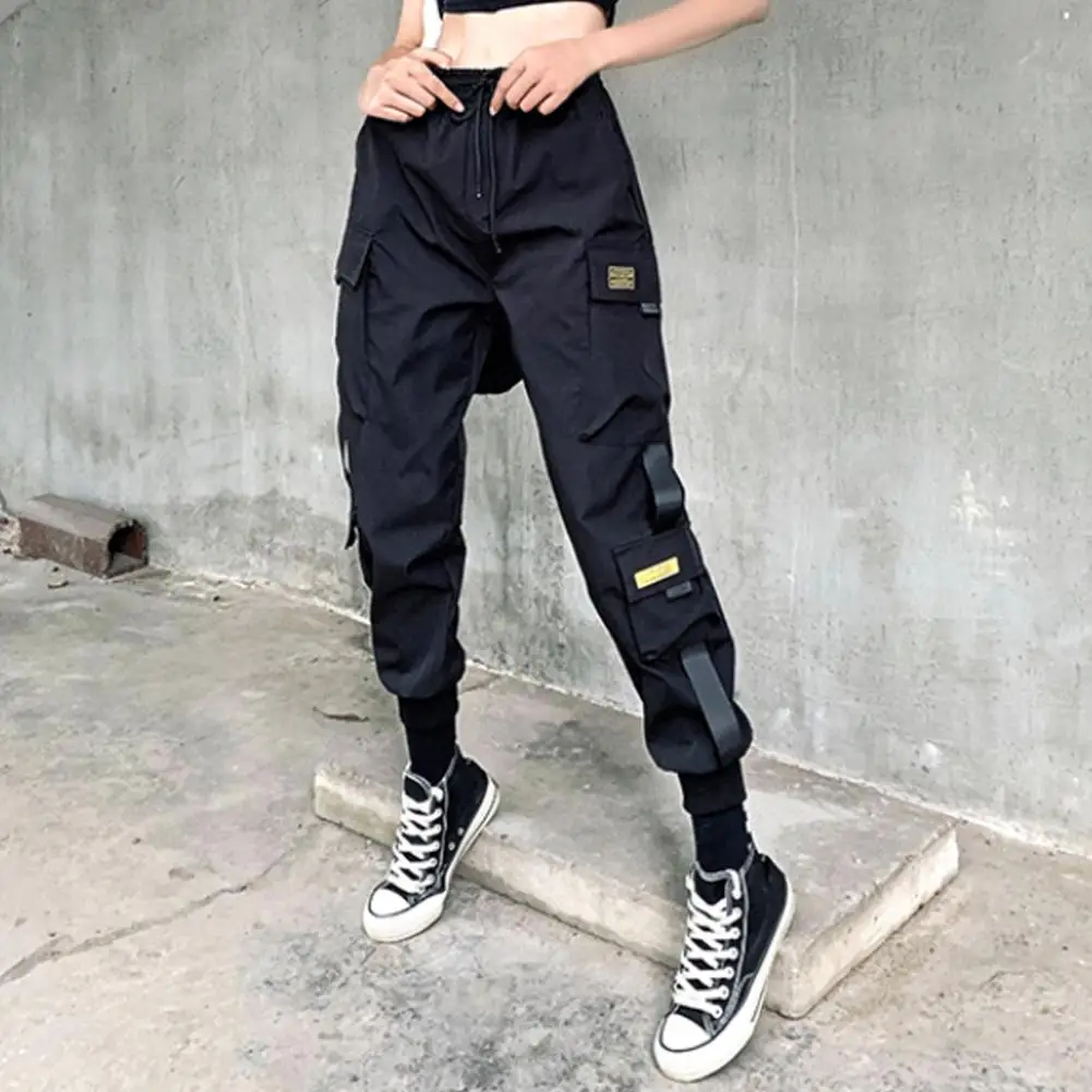Pantalon cargo pour femmes, jogging à poches avec ruban noir, streetwear hip-hop unisexe, harajuku, punk, fjHarem