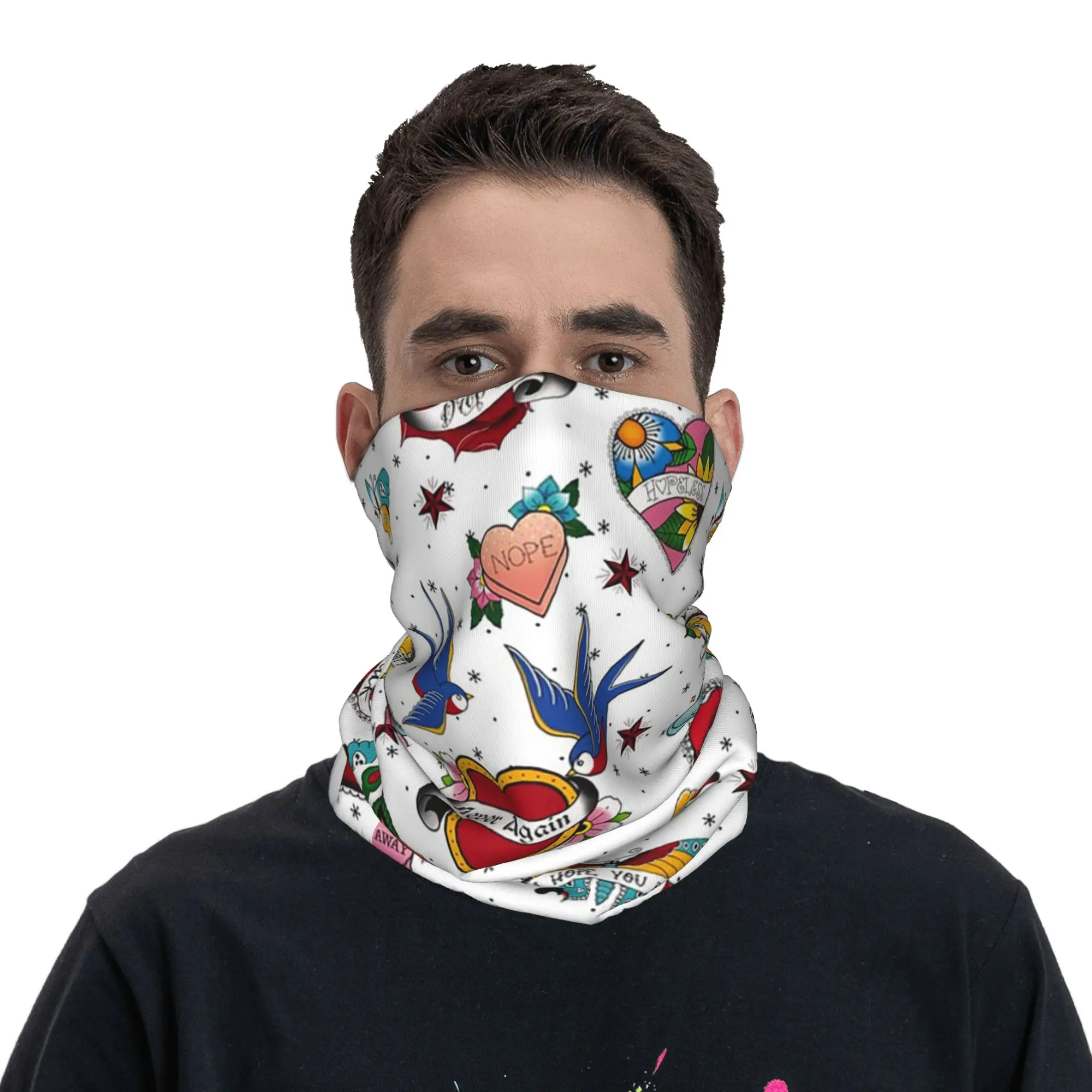 Traditional Broken Hearts Tattoo Design Bandana Neck Cover Printed Magic Scarf Multi-use Headwear Riding Unisex Adult