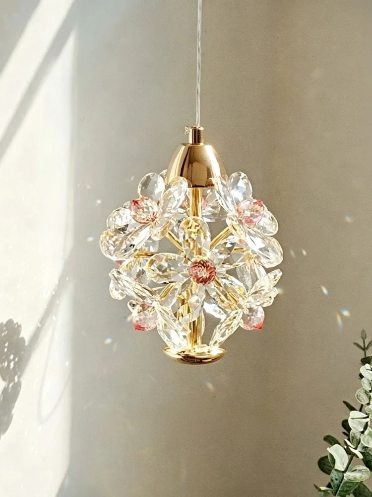 French Luxury Crystal Pendant Light Floral Small Hanging Lamp for Bedroom Bedside Dining Room Foyer Living Room Corridor Decor