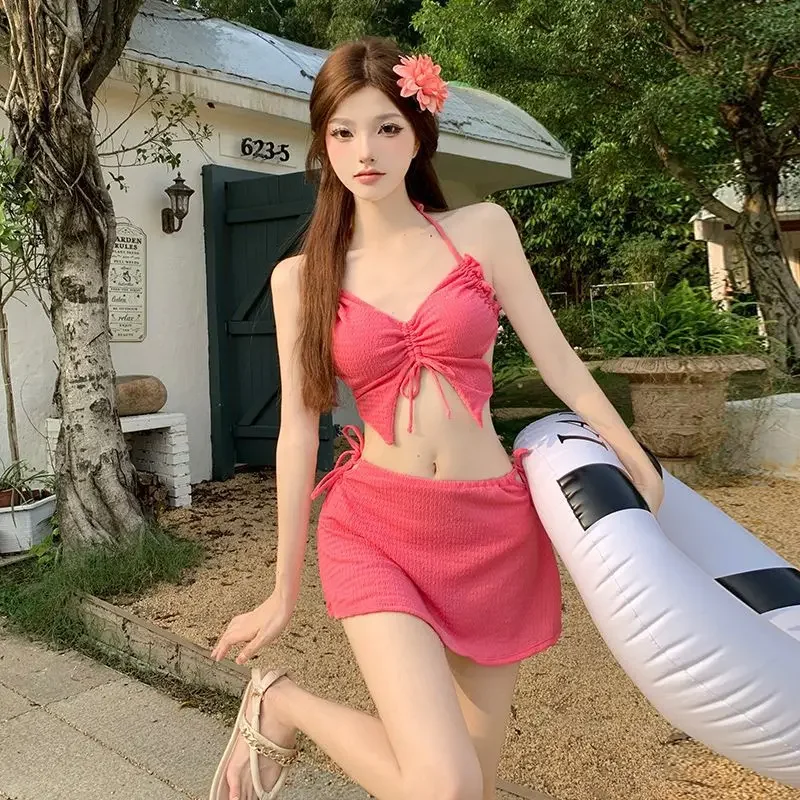 Korean Fashion Sexy Push Up Bikini Three Piece Set Swimsuit Women Rose Red Summer Beach Holiday Swimwear Y2k Skirt Bathing Suits