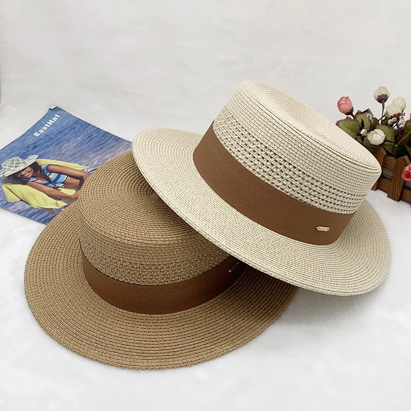 

Hot Sale Straw Hat Female Summer Seaside Sunshade Flat-top Cap Hollow Top Woven Sun Hat Big Head Circumference Casual Hat