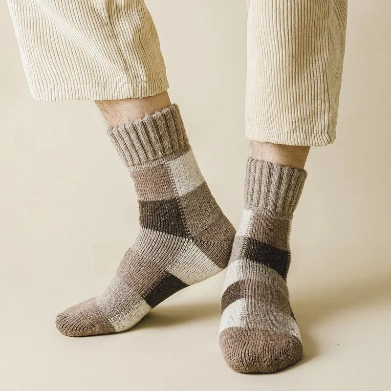 5pairs Winter Men's Warm Thermal Colorblock Thick Wool Socks Warm Colorblock Soft Comfortable Plush Snow Floor Sock High Quality