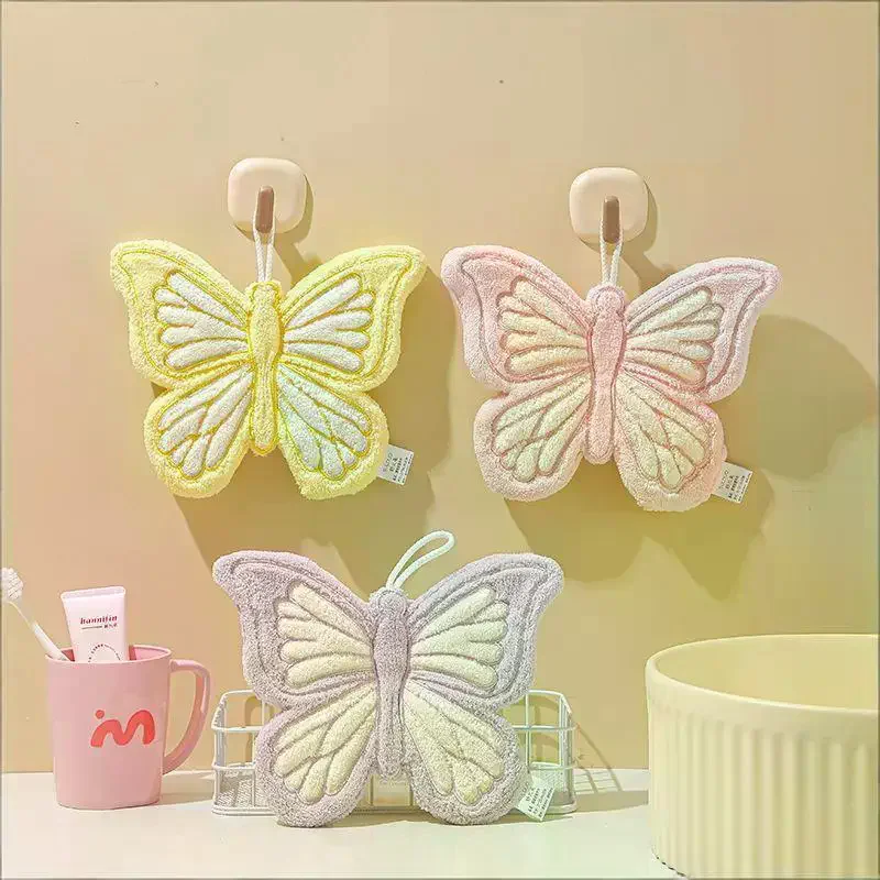 Butterfly Shape Hand Towel Coral Fleece Strong Water Absorption Bathroom Kitchen Rag Thickened Quick Drying Toilet Handkerchief