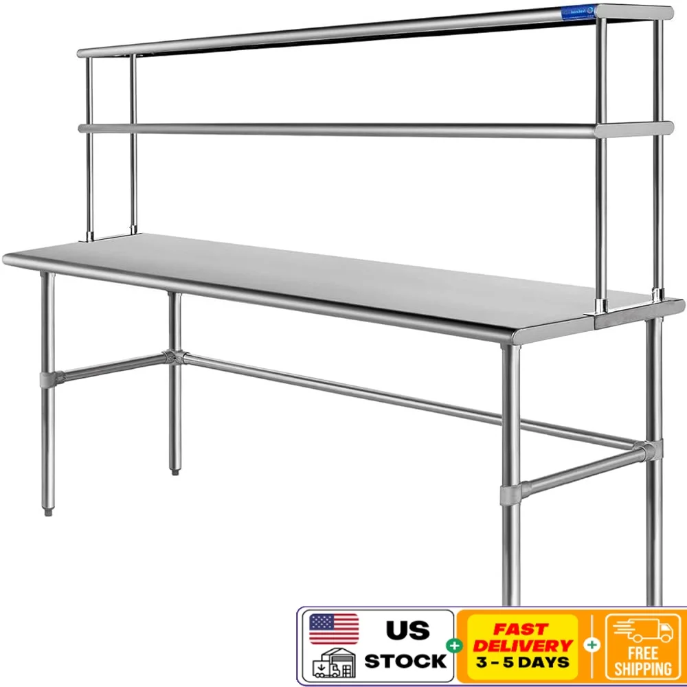 

24x60 Open Base Stainless Steel Work Table Double Tier Overshelf Commercial Kitchen Prep Table NSF Approved Metal Shelf Combo