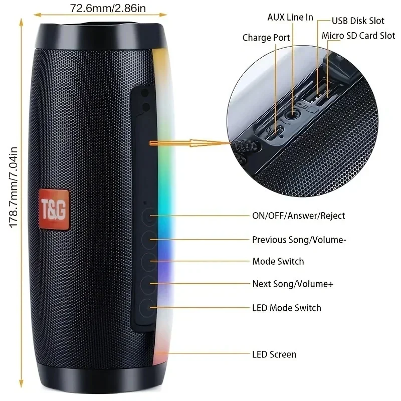 TG157 Portable Bluetooth Speaker with Colored LED Lights Outdoor 3D Stereo Bass Glow-in-the-dark Speaker FM/TF//free Call