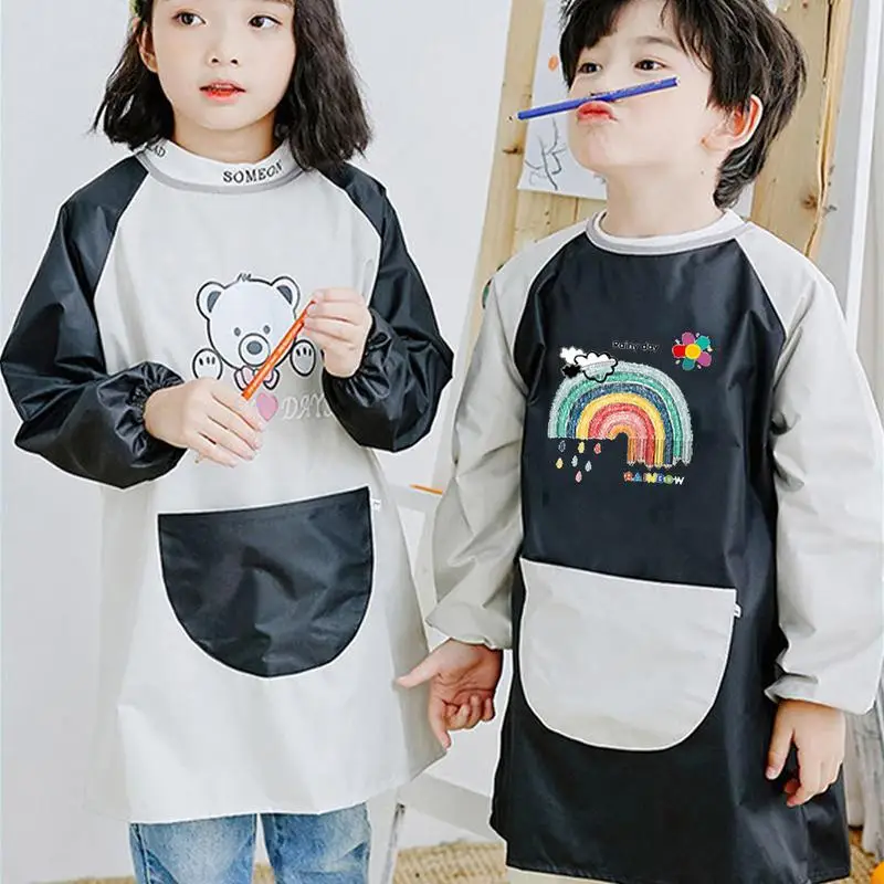 New Long Sleeved Gown Cartoon Print Children\'s Bib Waterproof Kids Boys Girls Art Craft Painting Drawing Apron