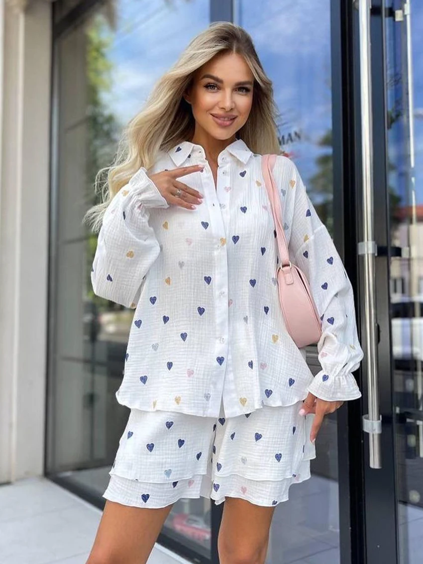 Marthaqiqi Loose Female Pajamas Suit Sexy Lingerie Long Sleeve Nightgown Turn-Down Collar Sleepwear Shorts Nightwear 3 Piece Set
