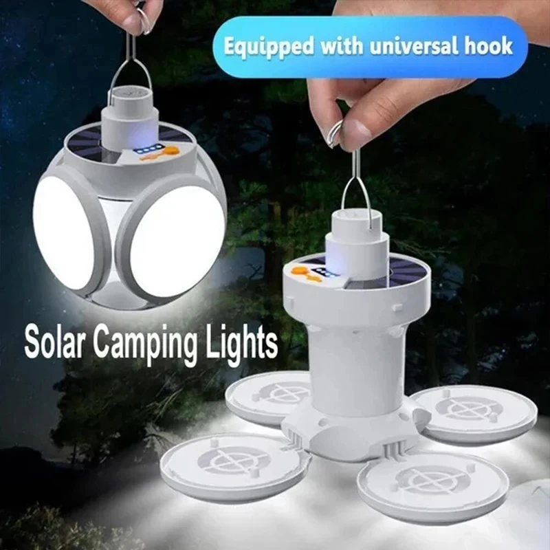 

Solar Outdoor Portable LED Light USB Rechargeable Folding Lamp Waterproof Garden Camping Torch Emergency Search Lighting