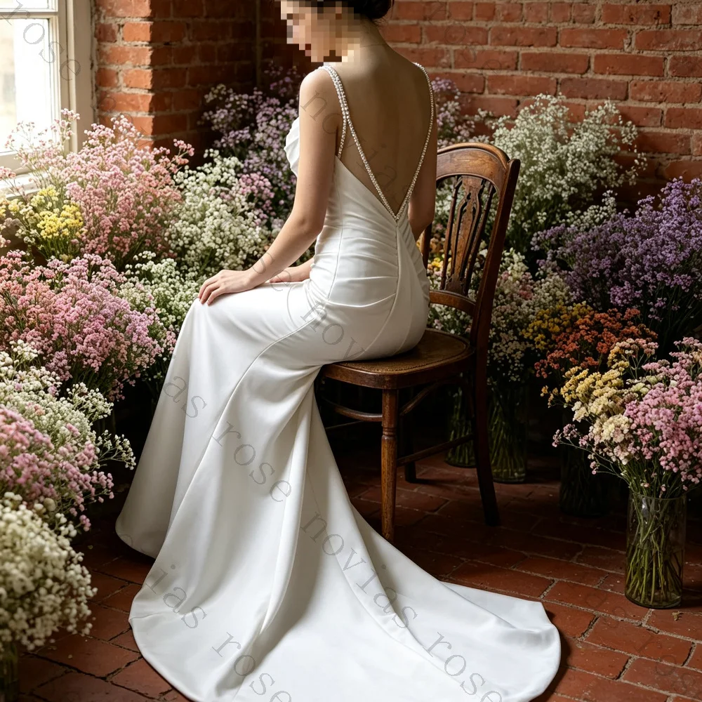 Customized V Neck Pearl Strap Satin Mermaid Wedding Dress Ruched Bodice Slim Fit Simple Chapel Train Minimalist Bridal Gown