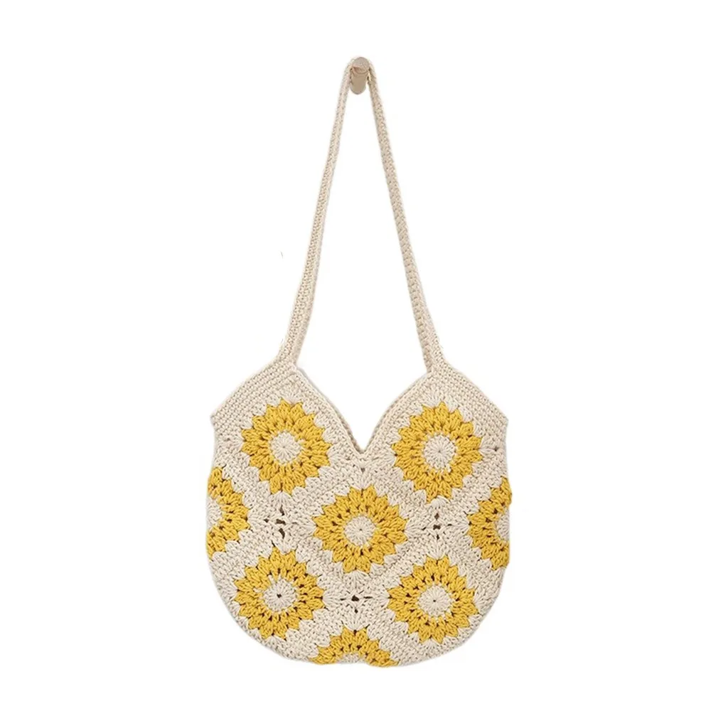 

Fashion Floral Crochet Knit Bag Leisure Large Capacity Boho Shoulder Bag Handmade Casual Women's Tote Bag Ladies/Girls