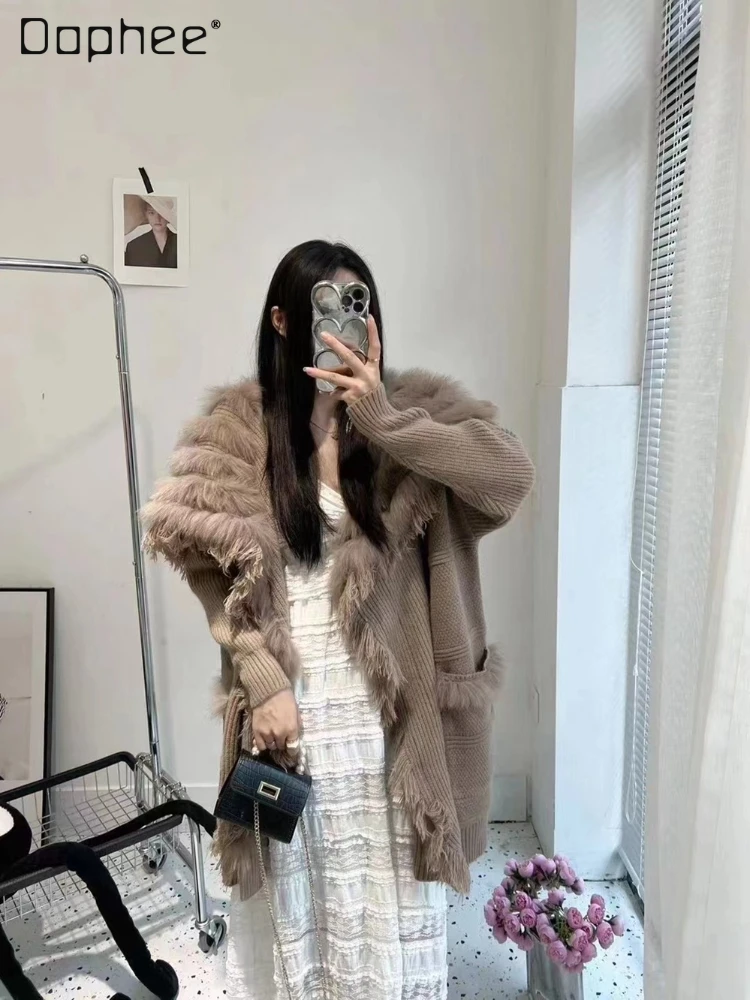 

2023 Autumn Winter New Fox Fur Tassel Stitching Long Sleeve Coat Loose Lapel Mid-Length Knited Cardigan Sweater for Women