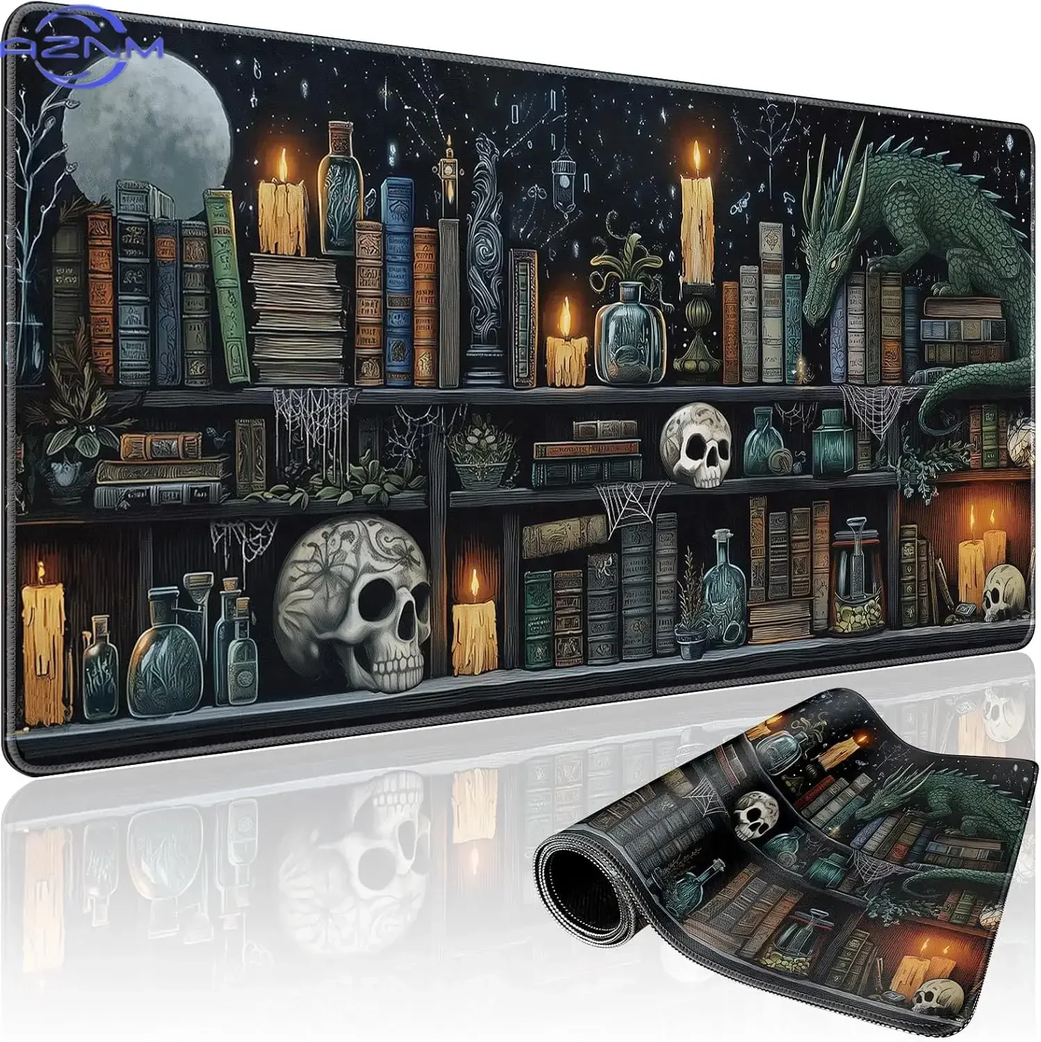 Gothic Magic Book Shelf Large Mouse Pad, Stitched Anti Slip Rubber Base Mat Gaming Desk Office PC Keyboard Desktop Accessories