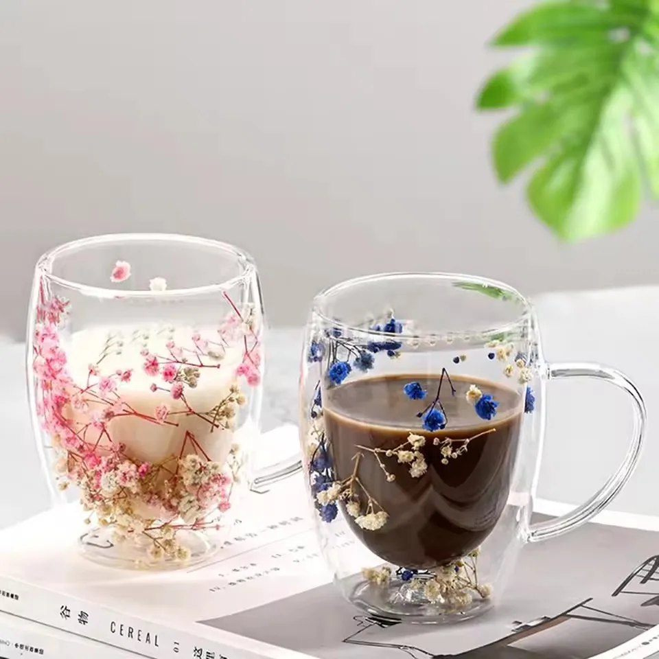 350ml Dried Flower Glass Cup Insulated Double Wall Cup Full Star Milk Coffee Mug with Handle Hot and Cold Tea Cups Beverages Mug